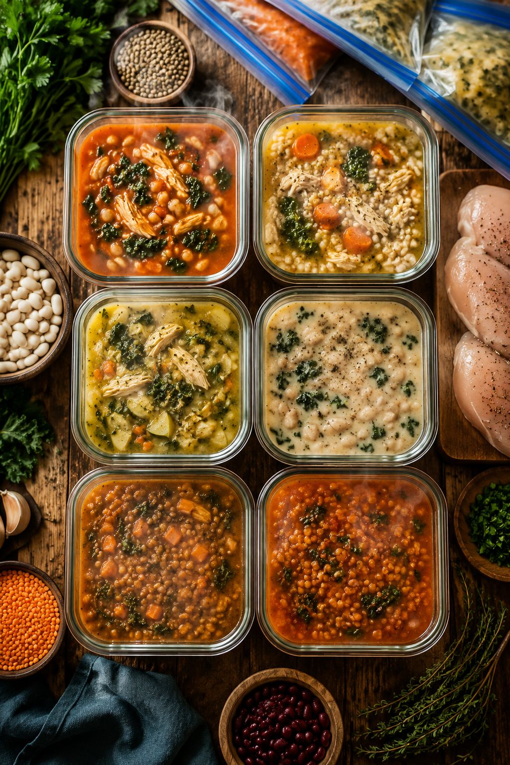 Professional portrait/Pinterest format () hero image showing a stunning flat-lay overhead shot of six colorful high-protein