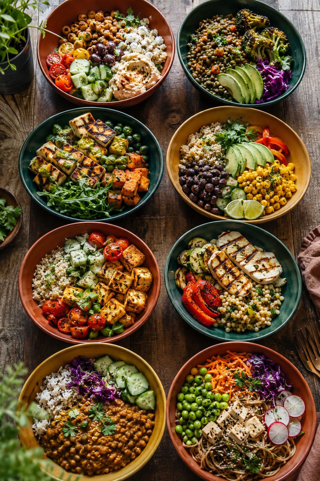 Professional portrait/Pinterest format () hero image showing a vibrant flat lay of eight colorful vegetarian high-protein
