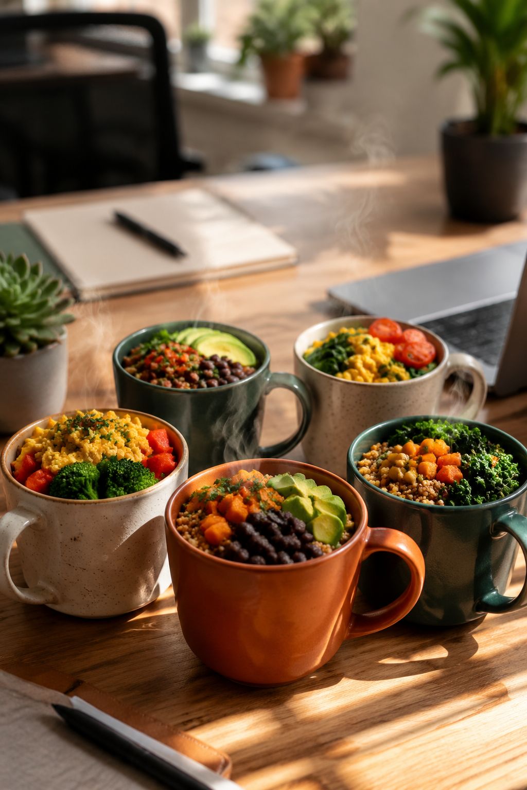 Professional portrait/Pinterest format () hero image showing five colorful ceramic mugs arranged on a modern office desk,